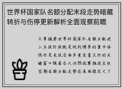 世界杯国家队名额分配末段走势暗藏转折与伤停更新解析全面观察前瞻