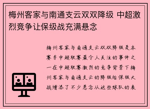 梅州客家与南通支云双双降级 中超激烈竞争让保级战充满悬念 梅州客家与南通支云双双降级 中超激烈竞争让保级战充满悬念