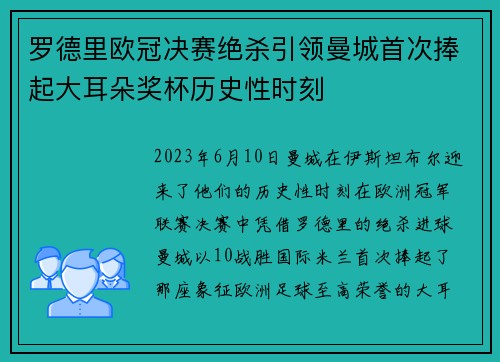 罗德里欧冠决赛绝杀引领曼城首次捧起大耳朵奖杯历史性时刻 罗德里欧冠决赛绝杀引领曼城首次捧起大耳朵奖杯历史性时刻